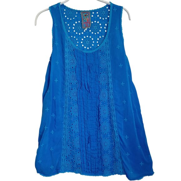 Johnny Was Tank Blue Eyelet Pleat Detail Tunic Top Womens Small - Picture 1 of 12